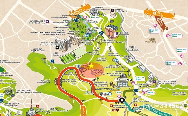 석호정 위치(남산둘레길 지도 내 노란색 별표)