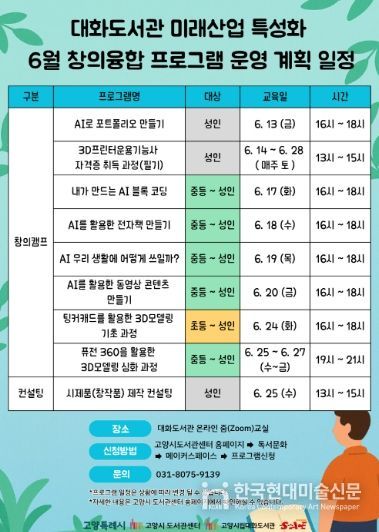 대화도서관 미래산업 특성화 프로그램 일정 안내문