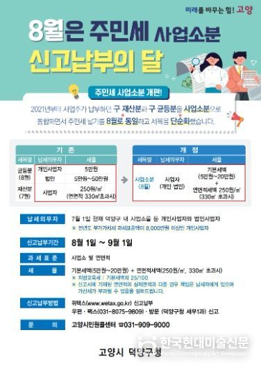 고양시 덕양구, 8월 주민세 사업소분 신고·납부 기간 운영
