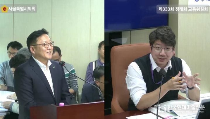 제333회 서울시의회 정례회 교통위원회 행정사무감사 당시 증인으로 출석한 한신공영(좌) 측에 서부선 출자를 권유하는 문성호 의원(우)