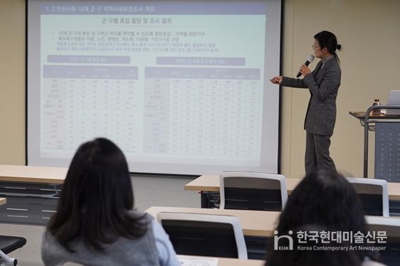 이선정 인천시사회서비스원 정책연구실 연구위원이 지난 3일 인천사서원 대회의실에서 인천시 지역사회보장조사 중간 보고를 하고 있다.