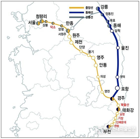중앙선‧동해선‧ 강릉선 노선도
