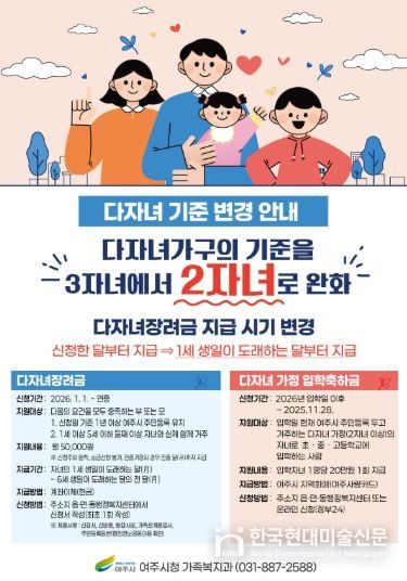 여주시 2026년부터 다자녀 기준 완화로 다자녀장려금, 다자녀 가정 입학축하금 대상자 확대