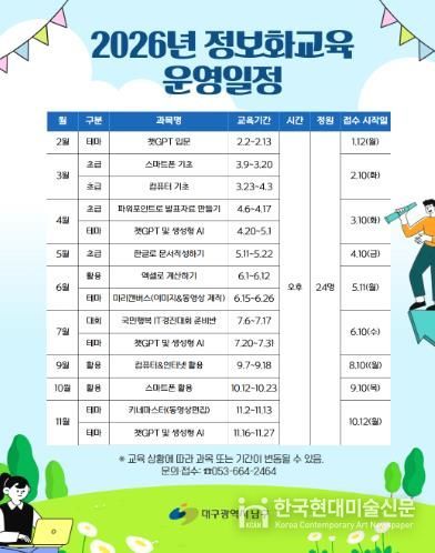 대구 남구는 2026년 구민 대상 정보화교육을 운영한다. 2월~11월까지 9개월간 컴퓨터, 스마트폰 등 다양한 교육을 시행하며 문의 사항은 남구청(☎664-2464)으로 문의하면 된다.