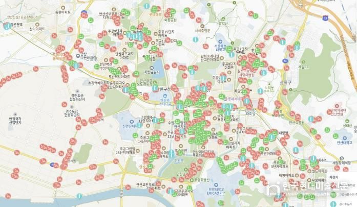 안산시 생활정보지도에 표시된 '자전거 편의시설 위치정보' 사진